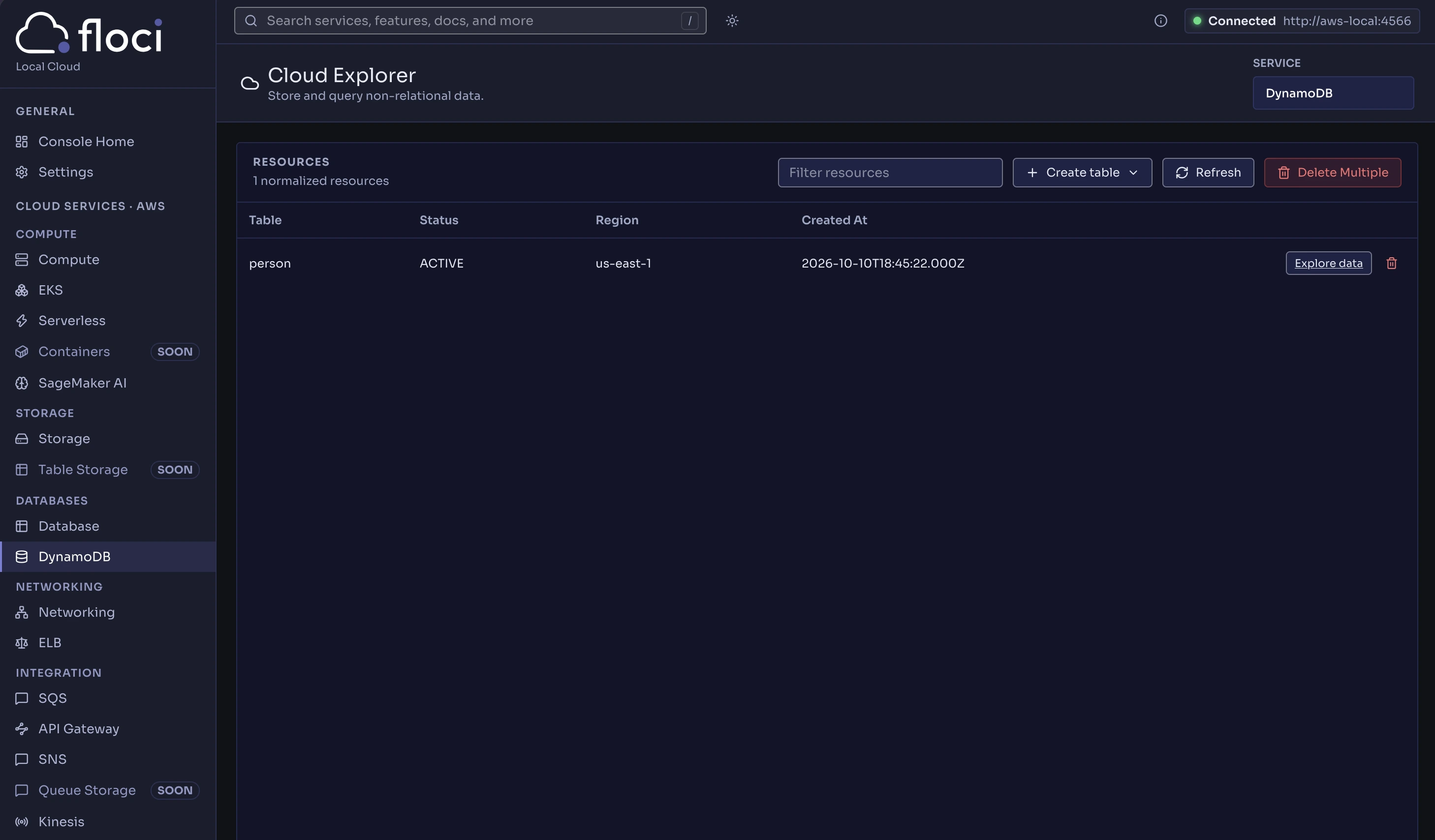 Floci UI: tabella DynamoDB person in modalità scura